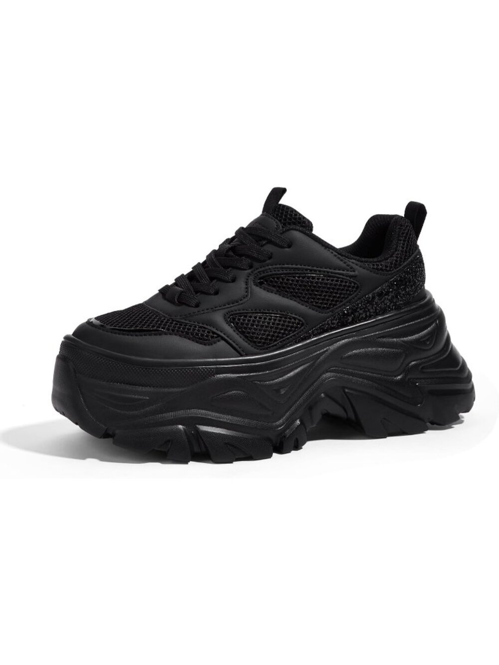 Women's Black Rhinestone Breathable Chunky Lightweight Running Fashion Sneakers